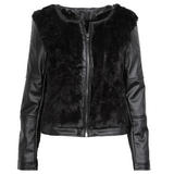 Black Cropped Faux Fur Jacket with PU Leather Sleeves